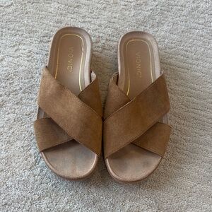Vionic Women's Brown Suede platform slide sandals